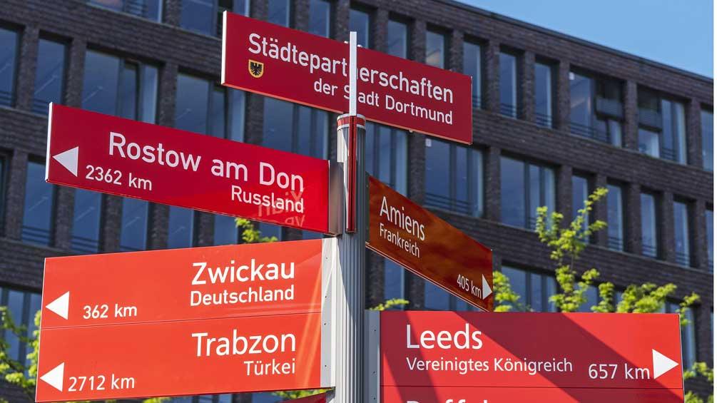 Bild: Wegweiser mit Partnerstädten in Dortmund