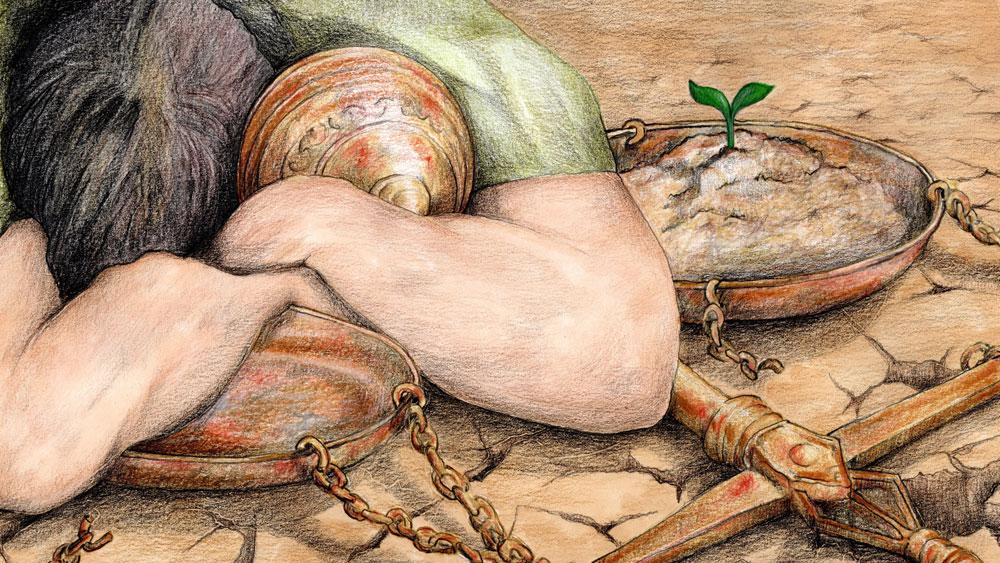 Bild: Zeichnung einer erschöpft schlafenden "Justitia"