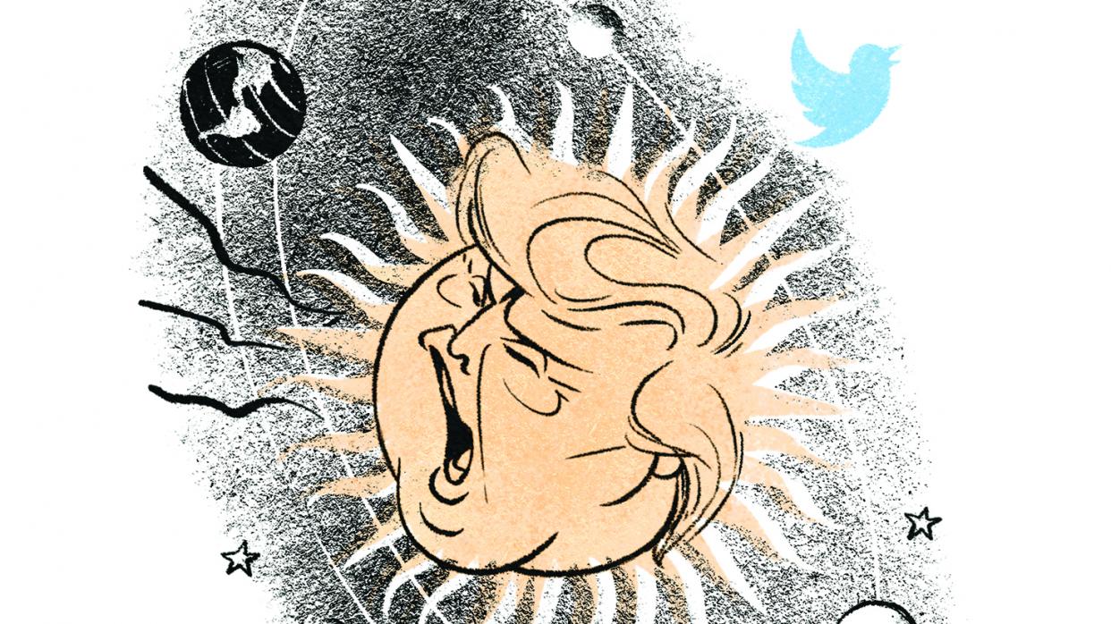 Bild: Karrikatur Donald Trump als strahlender Mittelpunkt des Twitter-Universums