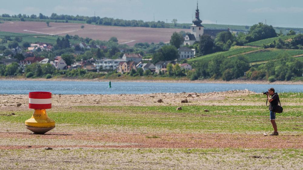 Bild: Ein Mann fotografiert eine Boje im Rhein, die durch das Niedrigwasser an Land liegt.