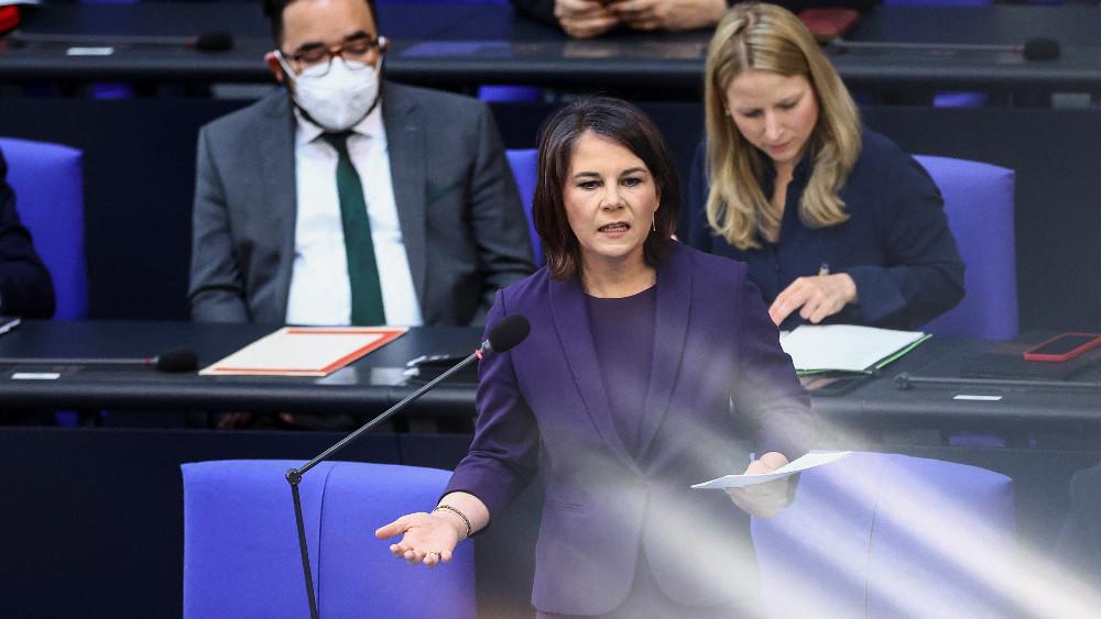 German Foreign Minister Annalena Baerbock speaks during a session of Germany's lower house of parliament, the Bundestag, in Berlin, Germany, April 27, 2022.