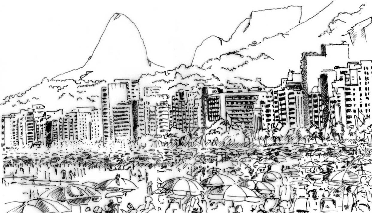 Bild: Zeichnung eines Strandes in Rio de Janeiro mit Skyline und Zuckerhut im Hintergrund
