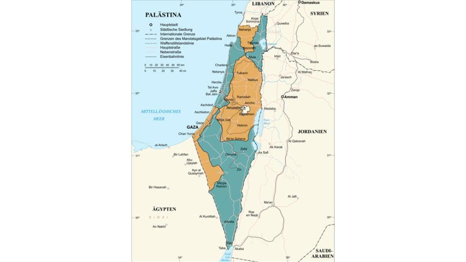 Bild: Karte von Israel mit Eintagung der israelischen und paläsitinensischen Gebiete wie im Teilungsplan von 1947 vorgesehen