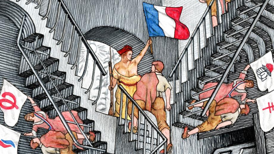 Bild: Zeichnung der französischen Symbolfigur Marianne, wie sie die französische Flagge hält