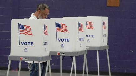 Bild: Ein Mann in einer von drei Wahlkabinen in den USA