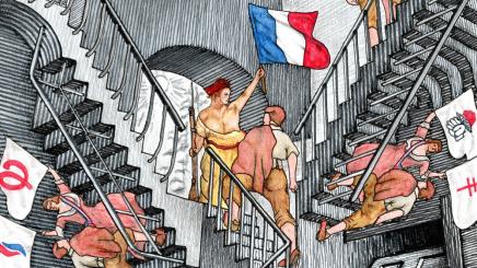 Bild: Zeichnung der französischen Symbolfigur Marianne, wie sie die französische Flagge hält