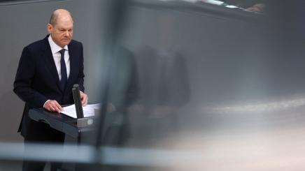 German Chancellor Olaf Scholz looks on as he delivers a speech during a budget session of Germany's lower house of parliament, the Bundestag, in Berlin, Germany, March 23, 2022.